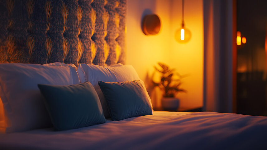 stunning patterned headboard and inviting decor Потрясающий узорчатый изголовье и привлекательный декор