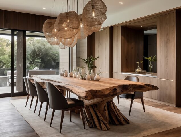 Modern dining room with wooden table and rug Современная столовая с деревянным столом и ковриком