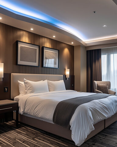 Luxury hotel bedroom with modern lighting and decor Роскошная отель спальня с современным освещением и декором