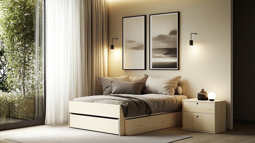 Комплексная скандинавская комната с кроватью ящика